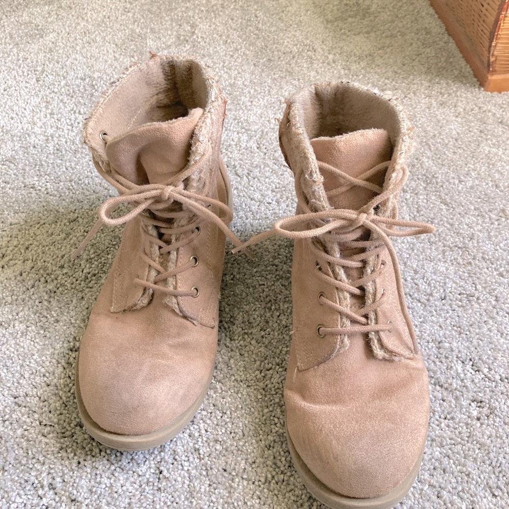 Rock and candy faux suede bootie heel combat boot